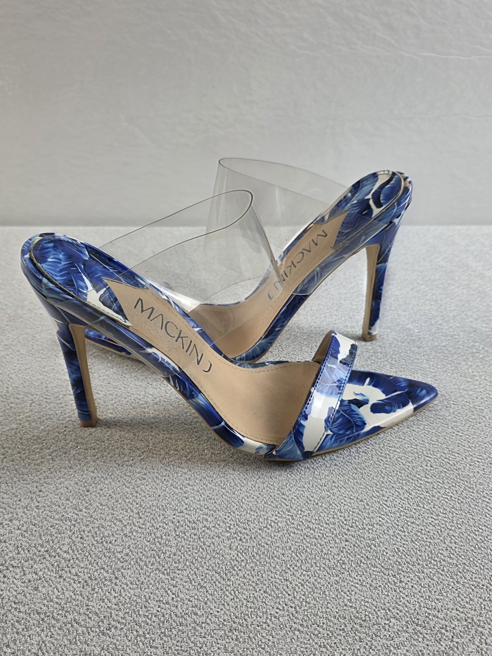 Mackin J Blue Floral Pointed Toe Clear Strap Heels Wmn's Size 10